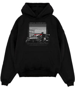 Black pullover hoodie laid flat on a white background, featuring BMW M4 rs turbo racing motorsport german street graphic.