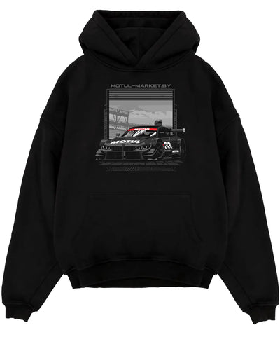 Black pullover hoodie laid flat on a white background, featuring BMW M4 rs turbo racing motorsport german street graphic.
