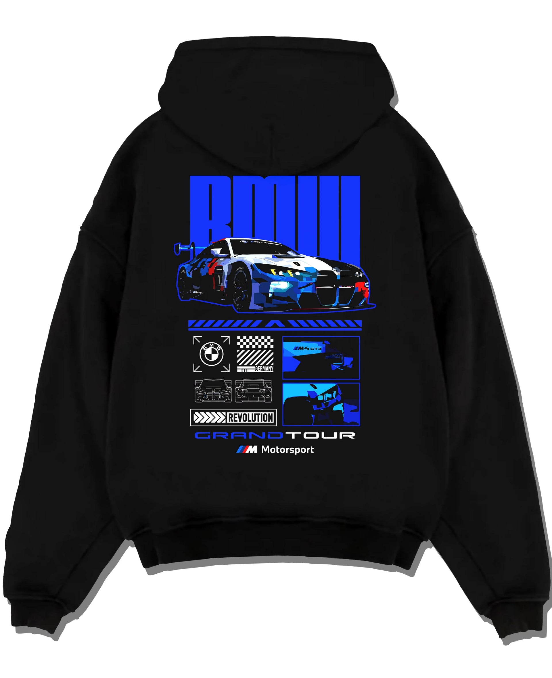 Black pullover hoodie laid flat on a white background, featuring BMW M4 gt3 rs turbo racing motorsport german street graphic.