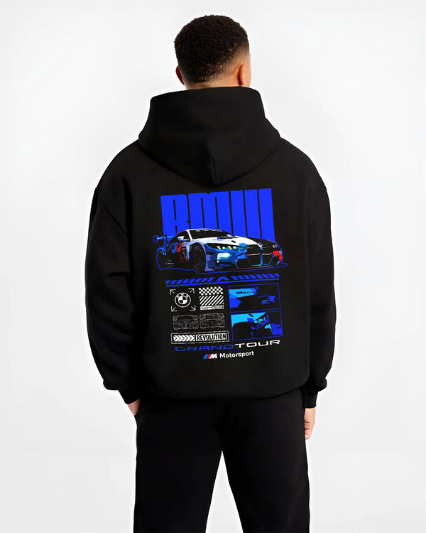 Black hoodie worn by a male model, back view, featuring BMW M4 gt3 rs turbo racing motorsport german street graphic.