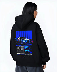 Black hoodie worn by a female model, back view, featuring BMW M4 gt3 rs turbo racing motorsport german street graphic.