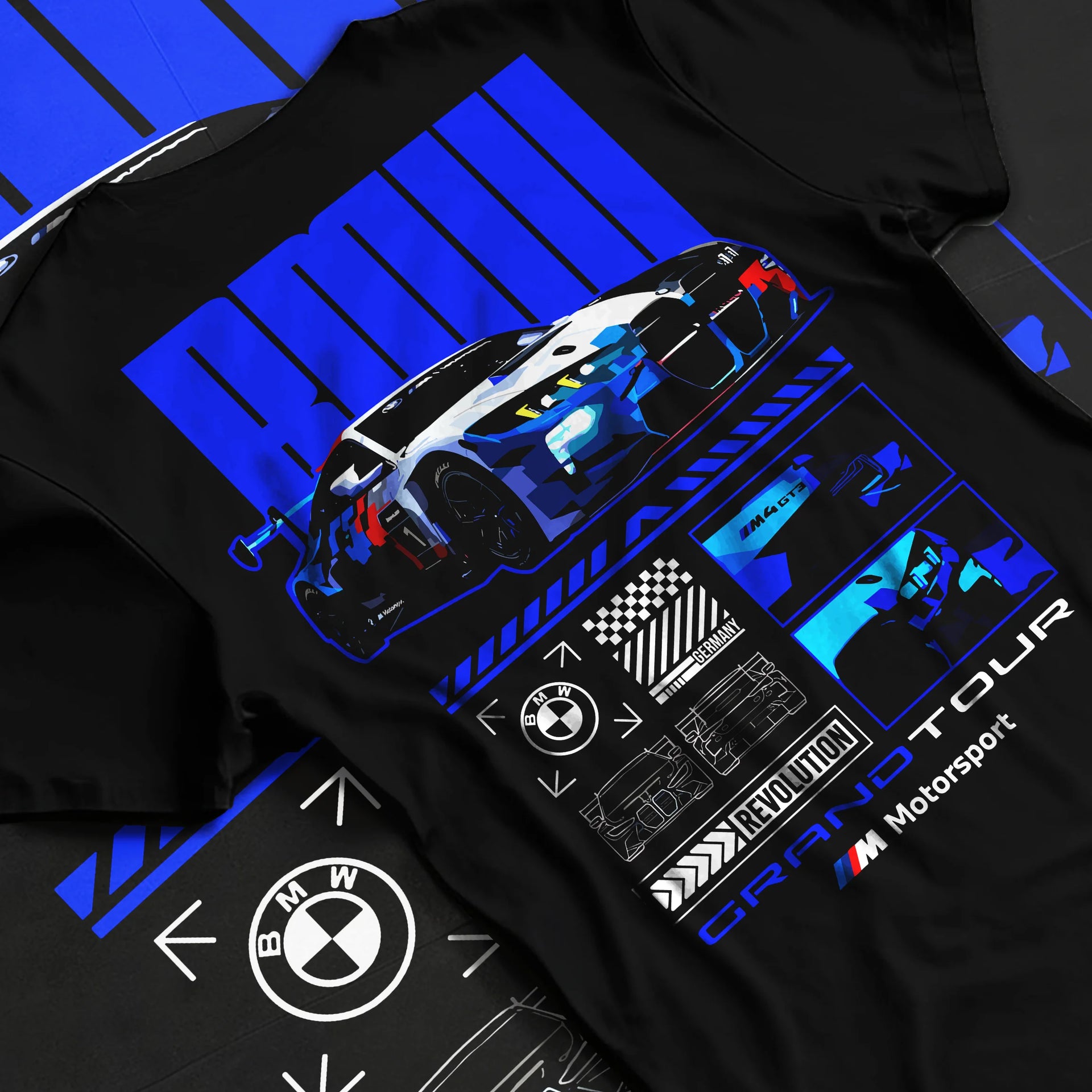 Black T-shirt laid flat with natural fabric folds, featuring BMW M4 gt3 rs turbo racing motorsport german street graphic.