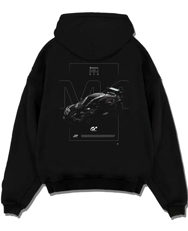 Black pullover hoodie laid flat on a white background, featuring BMW M4 gt3 racing race gran turismo street performance graphic.