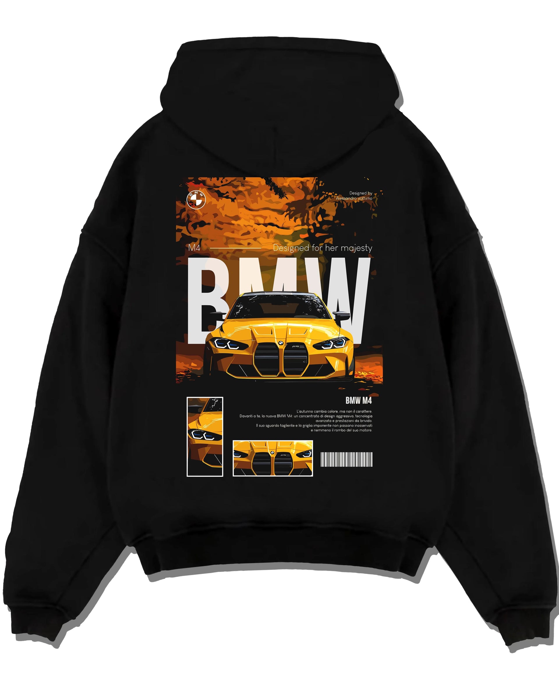 Black pullover hoodie laid flat on a white background, featuring BMW M4 racing drift street performance motorsport graphic.