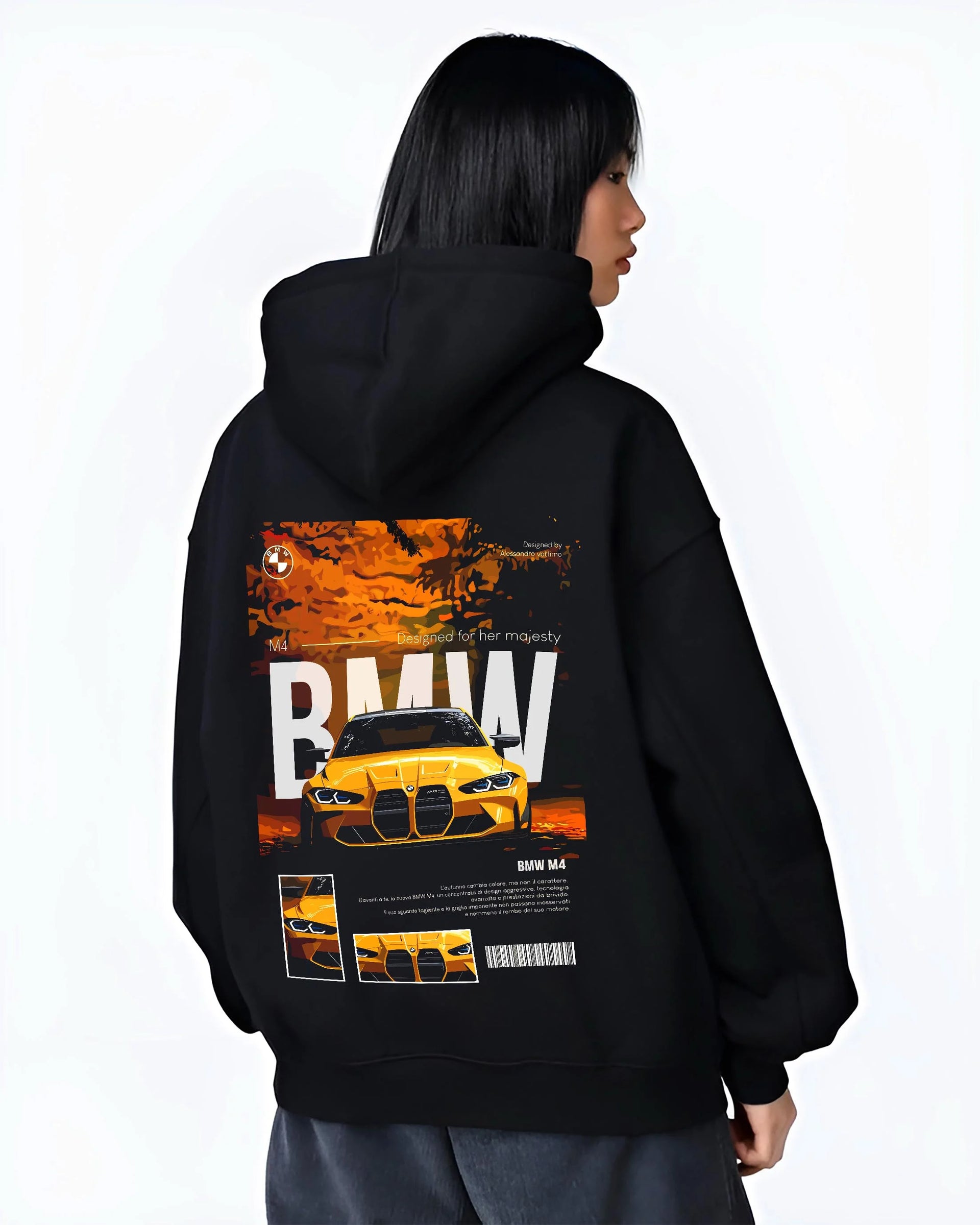 Black hoodie worn by a female model, back view, featuring BMW M4 racing drift street performance motorsport automotive graphic.