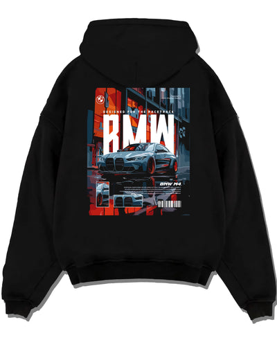 Black pullover hoodie laid flat on a white background, featuring BMW M4 rs turbo racing motorsport track german street graphic.