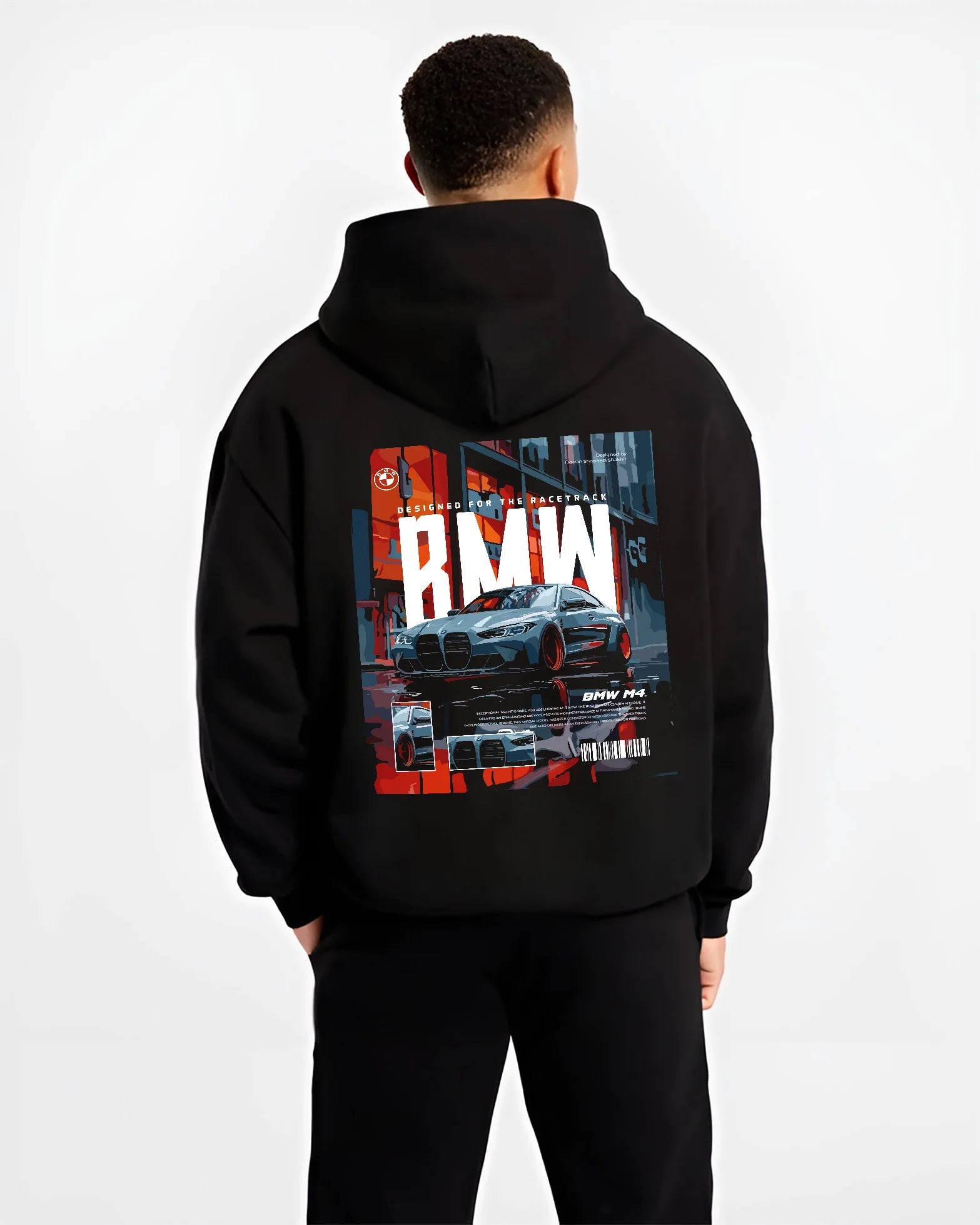 Black hoodie worn by a male model, back view, featuring BMW M4 rs turbo racing motorsport track german street graphic.