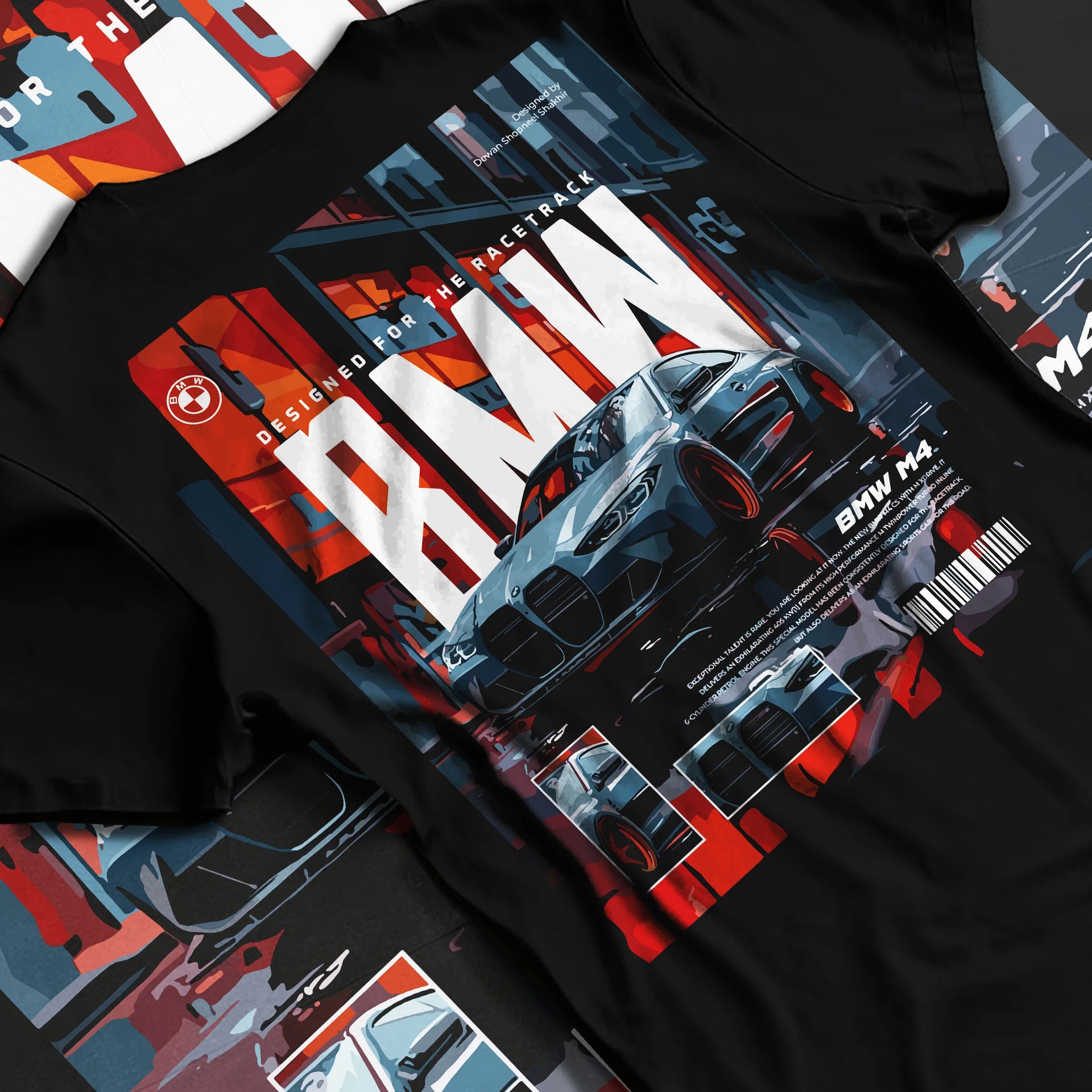 Black T-shirt laid flat with natural fabric folds, featuring BMW M4 rs turbo racing motorsport track german street graphic.