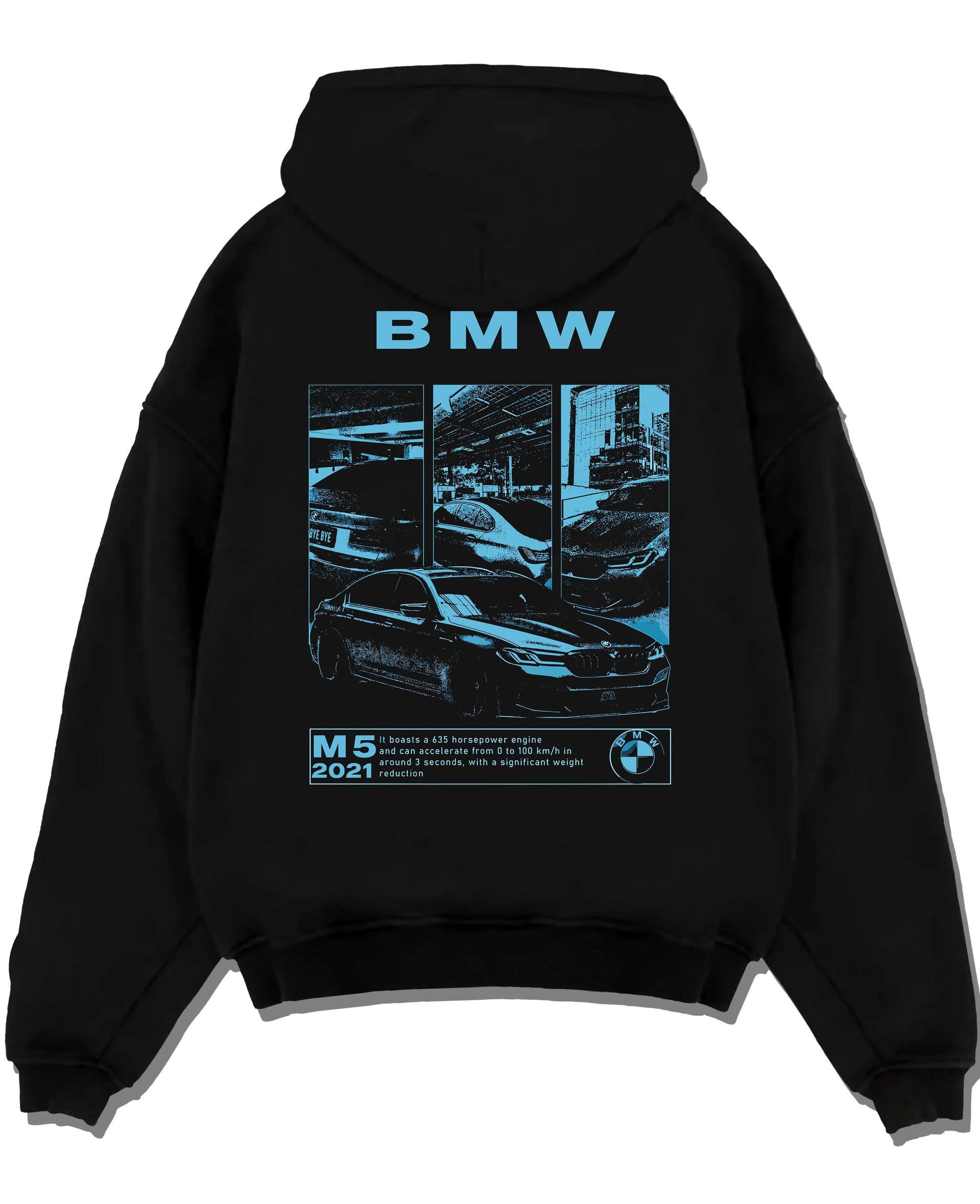 Black pullover hoodie laid flat on a white background, featuring BMW M5 rs turbo racing motorsport euro german street graphic.