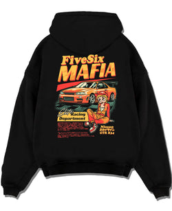 Black pullover hoodie laid flat on a white background, featuring Nissan Skyline racing drift japanese tuner street graphic.