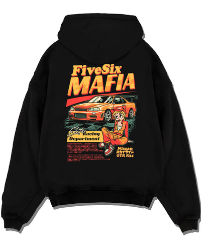 Black pullover hoodie laid flat on a white background, featuring Nissan Skyline racing drift japanese tuner street graphic.