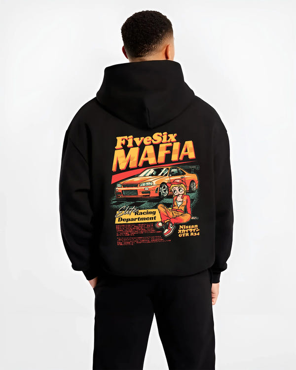 Black hoodie worn by a male model, back view, featuring Nissan Skyline racing drift japanese tuner street performance graphic.