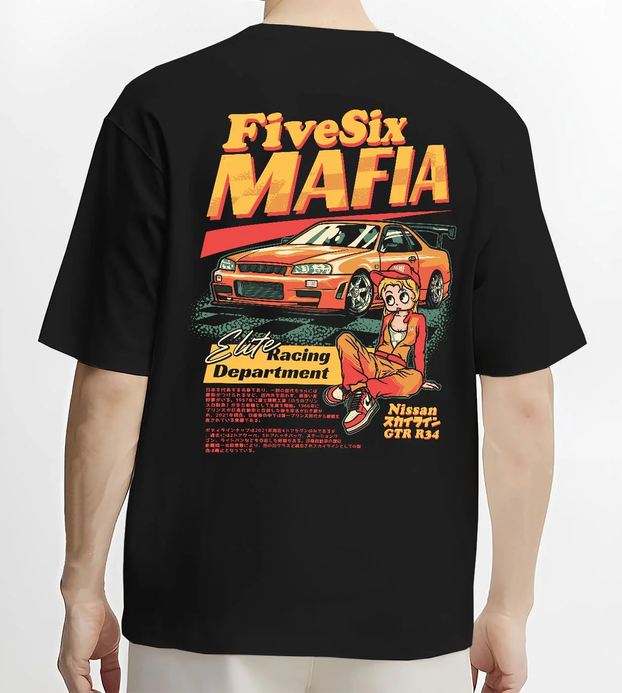 Black T-shirt worn by a male model, back view, featuring Nissan Skyline racing drift japanese tuner street performance graphic.