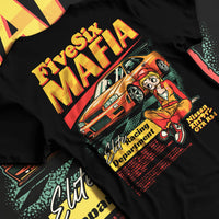 Black T-shirt laid flat with natural fabric folds, featuring Nissan Skyline racing drift japanese tuner street performance graphic.