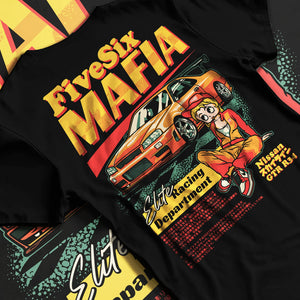 Black T-shirt laid flat with natural fabric folds, featuring Nissan Skyline racing drift japanese tuner street performance graphic.