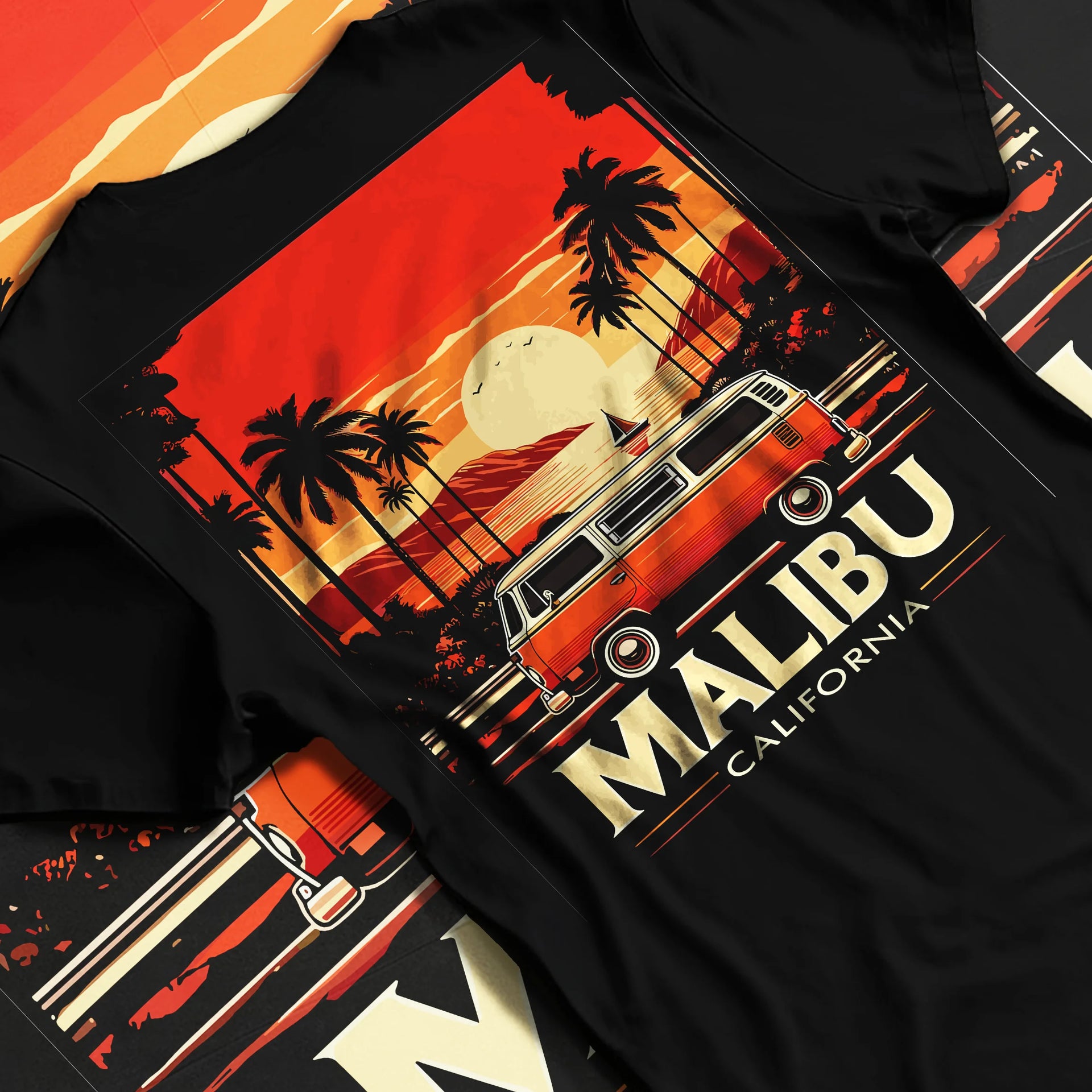 Black T-shirt laid flat with natural fabric folds, featuring retro vintage racing street performance motorsport automotive graphic.