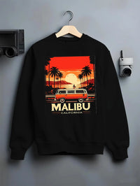 Black crewneck sweatshirt on a hanger against a grey wall, featuring retro vintage racing street performance motorsport graphic.