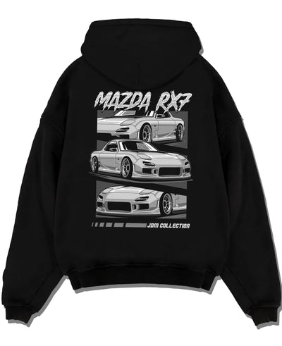 Black pullover hoodie laid flat on a white background, featuring Mazda RX--7 rx 7 racing drift jdm japanese street graphic.
