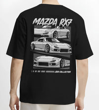 Black T-shirt worn by a male model, back view, featuring Mazda RX--7 rx 7 racing drift jdm japanese street graphic.