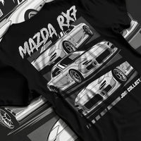 Black T-shirt laid flat with natural fabric folds, featuring Mazda RX--7 rx 7 racing drift jdm japanese street graphic.