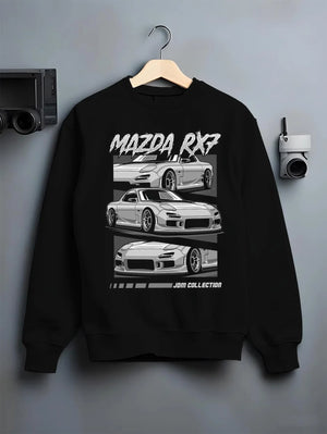 Black crewneck sweatshirt on a hanger against a grey wall, featuring Mazda RX--7 rx 7 racing drift jdm japanese street graphic.