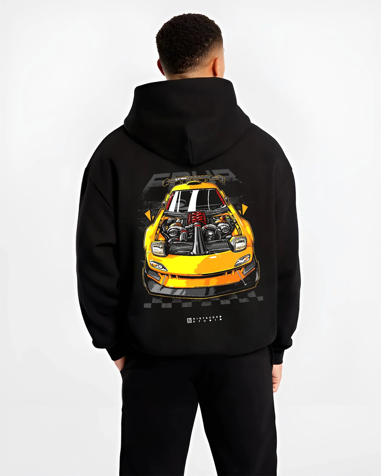 Black hoodie worn by a male model, back view, featuring RX-7 rx 7 racing drift jdm japanese street enthusiast graphic.