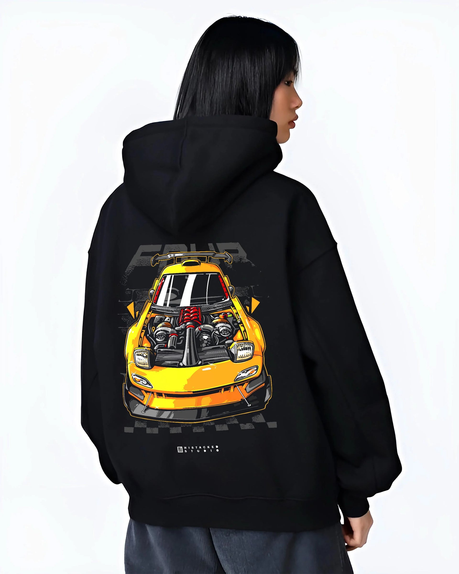 Black hoodie worn by a female model, back view, featuring RX-7 rx 7 racing drift jdm japanese street enthusiast graphic.