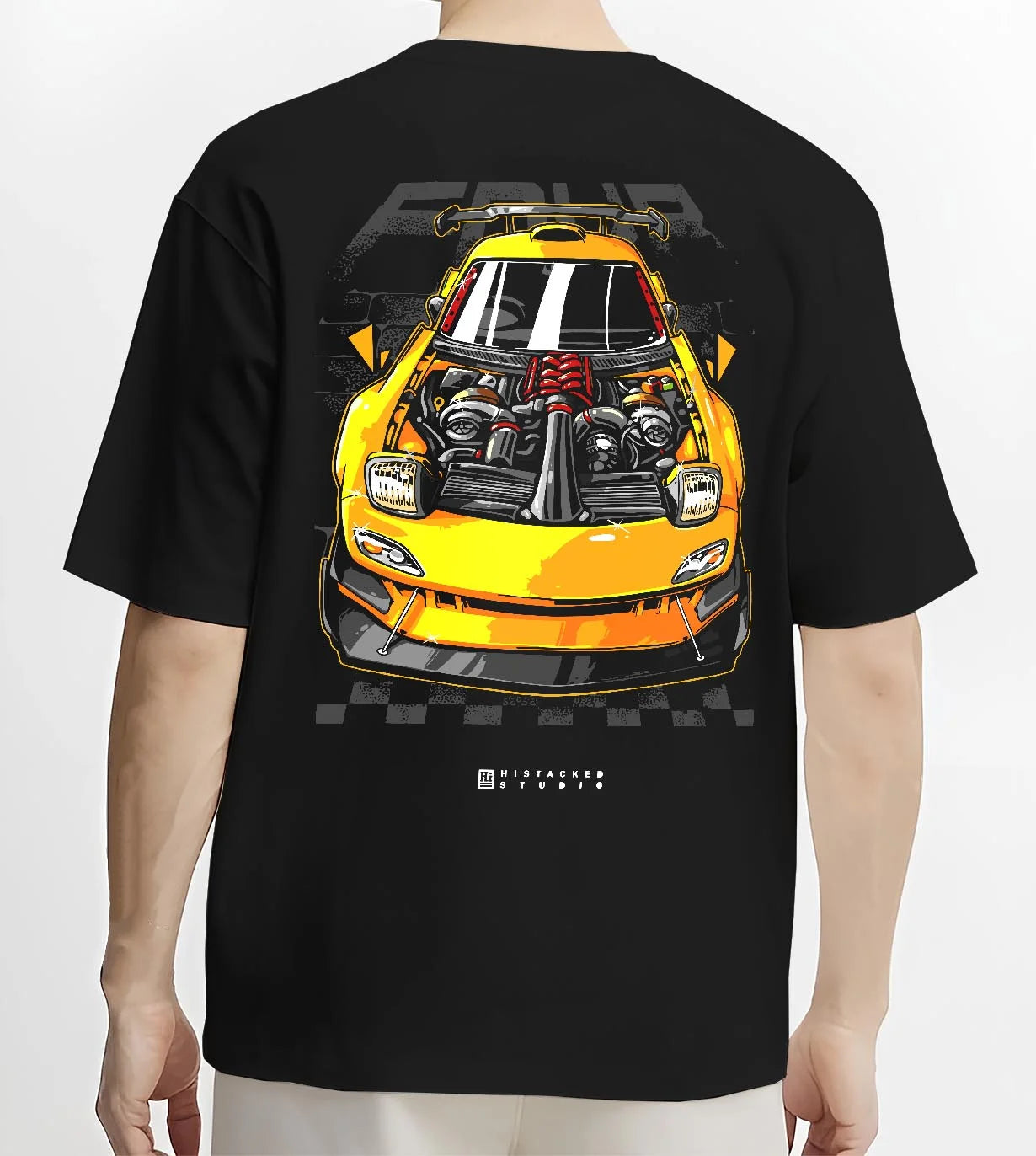 Black T-shirt worn by a male model, back view, featuring RX-7 rx 7 racing drift jdm japanese street enthusiast graphic.