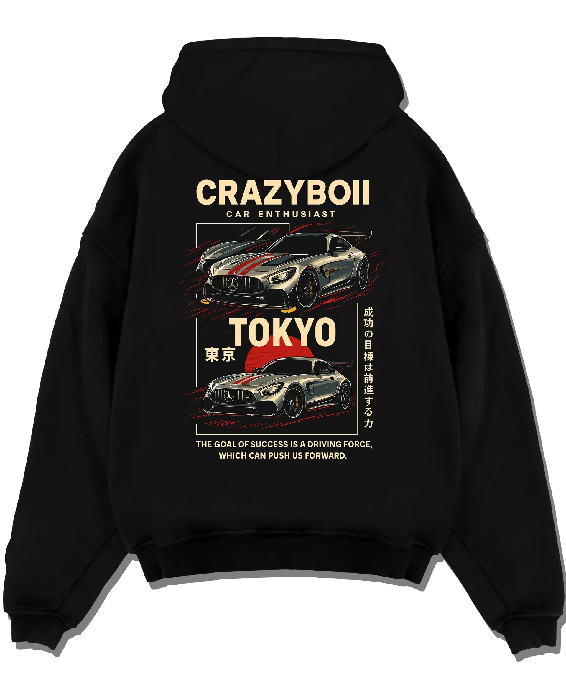 Black pullover hoodie laid flat on a white background, featuring Mercedes-Benz drift euro german street enthusiast racing graphic.