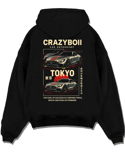 Black pullover hoodie laid flat on a white background, featuring Mercedes-Benz drift euro german street enthusiast racing graphic.