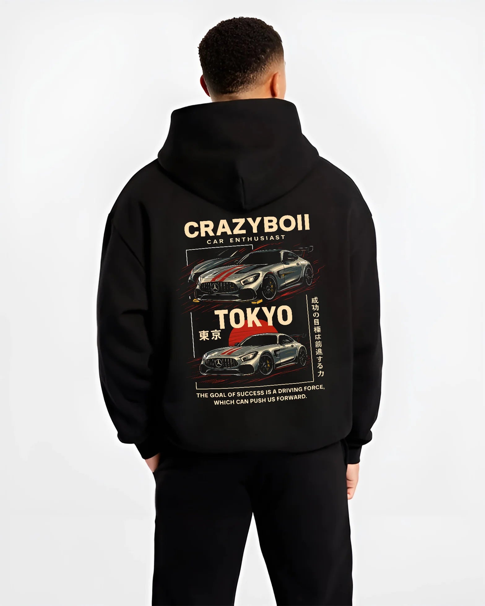 Black hoodie worn by a male model, back view, featuring Mercedes-Benz drift euro german street enthusiast racing graphic.