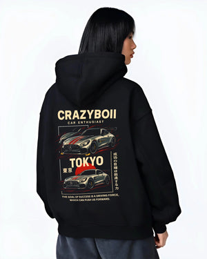 Black hoodie worn by a female model, back view, featuring Mercedes-Benz drift euro german street enthusiast racing graphic.