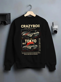 Black crewneck sweatshirt on a hanger against a grey wall, featuring Mercedes-Benz drift euro german street enthusiast graphic.