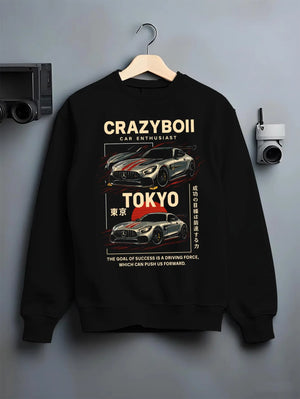 Black crewneck sweatshirt on a hanger against a grey wall, featuring Mercedes-Benz drift euro german street enthusiast graphic.