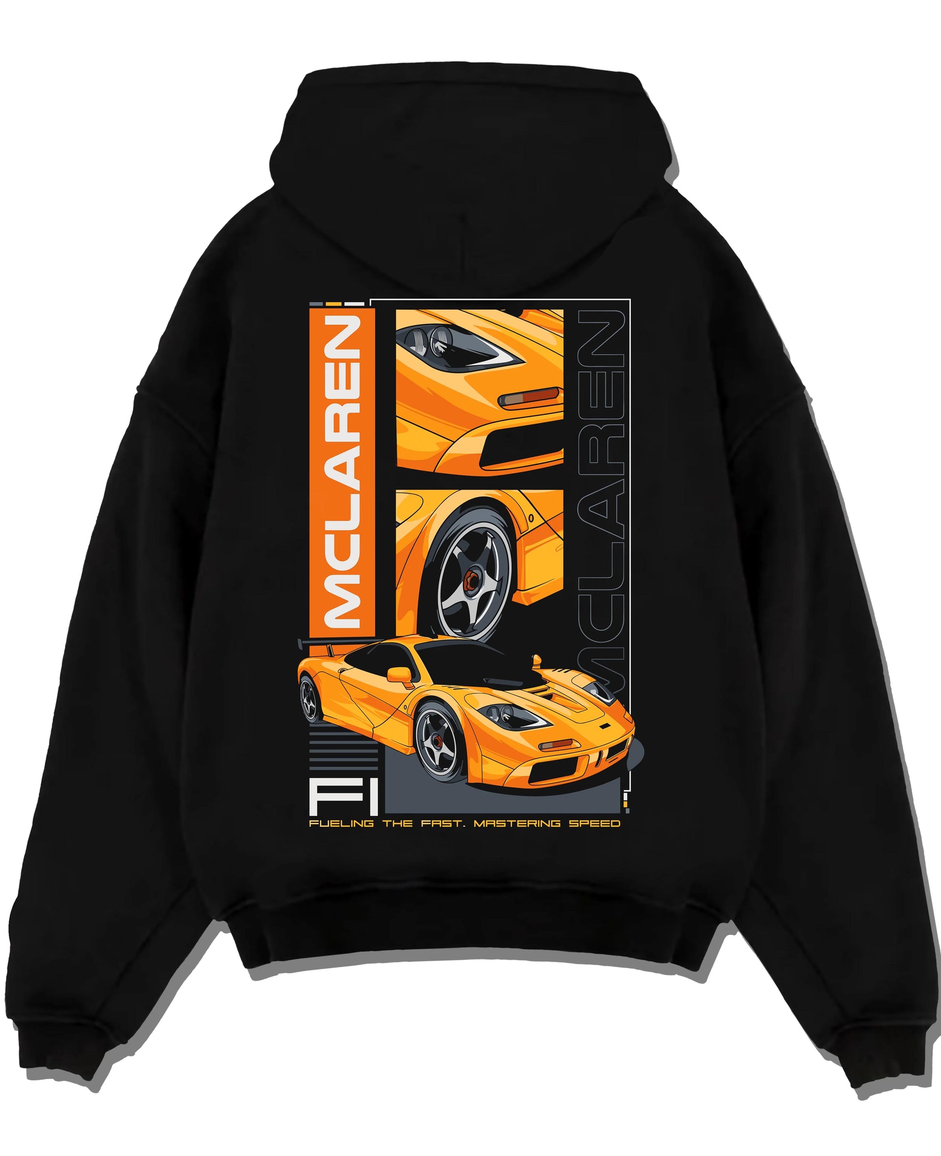 Black pullover hoodie laid flat on a white background, featuring McLaren 720S rs racing enthusiast street performance graphic.