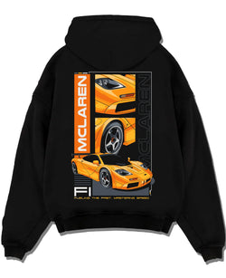 Black pullover hoodie laid flat on a white background, featuring McLaren 720S rs racing enthusiast street performance graphic.