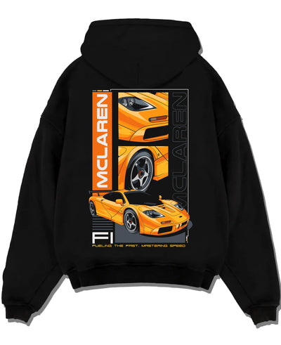 Black pullover hoodie laid flat on a white background, featuring McLaren 720S rs racing enthusiast street performance graphic.