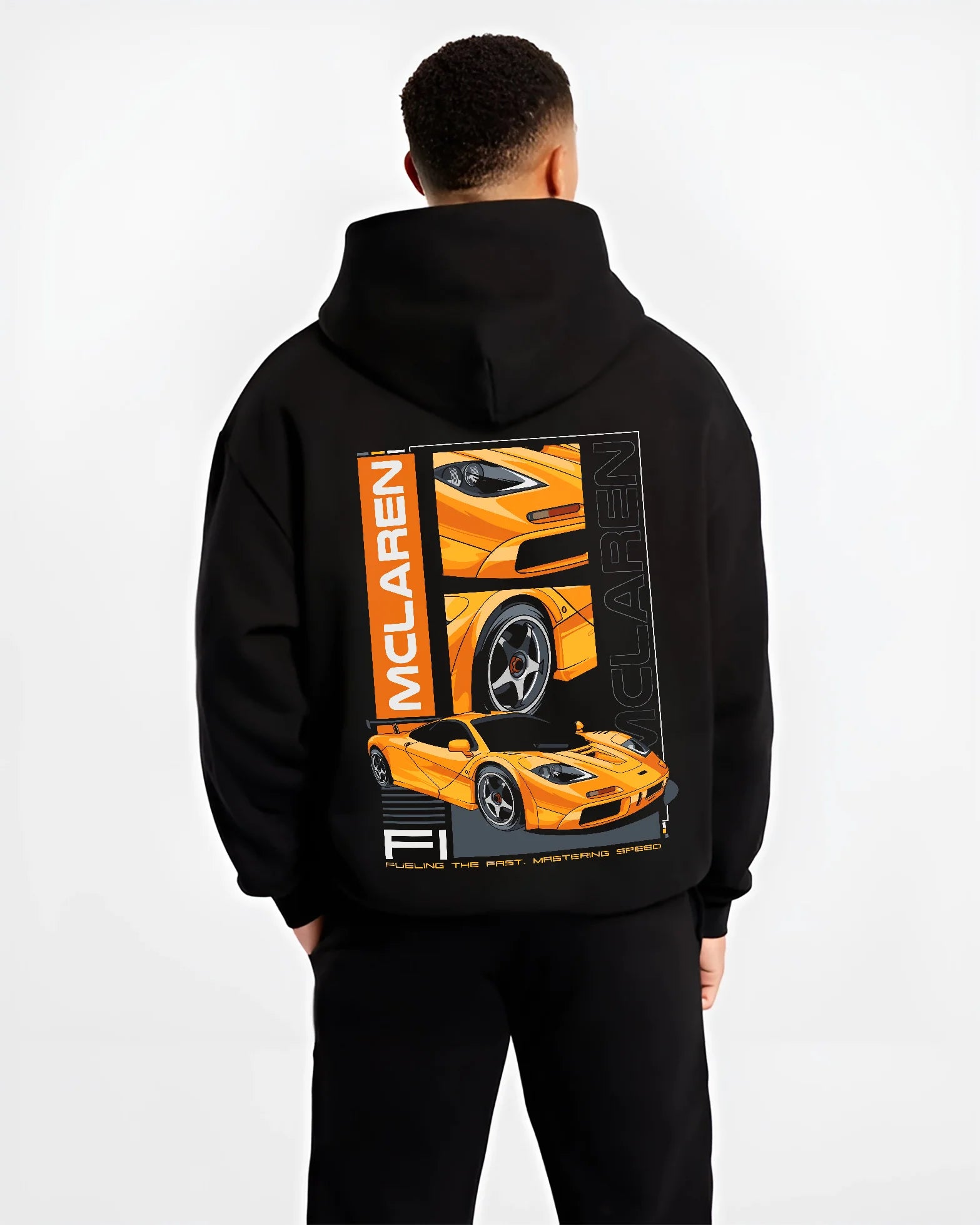 Black hoodie worn by a male model, back view, featuring McLaren 720S rs racing enthusiast street performance motorsport graphic.