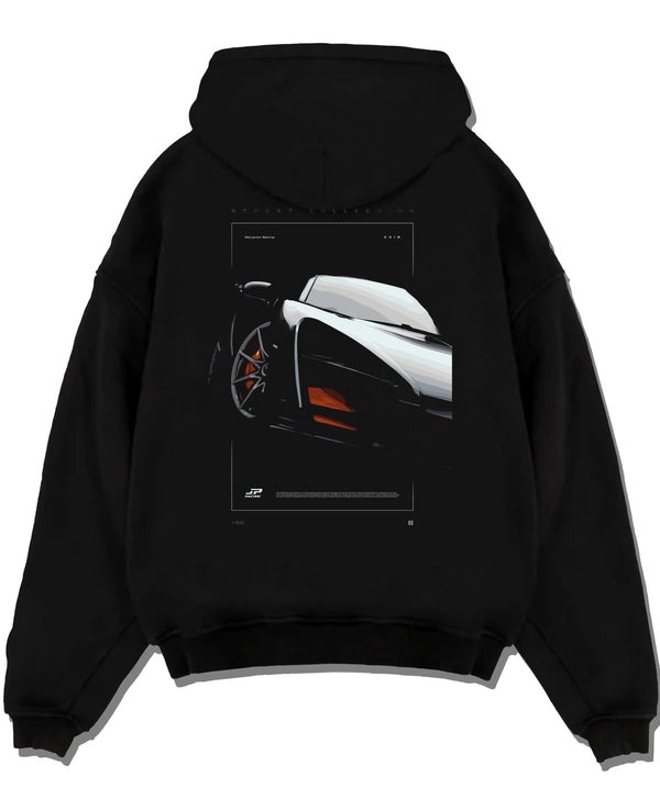 Black pullover hoodie laid flat on a white background, featuring McLaren F1 rs racing street retro speed enthusiast graphic.