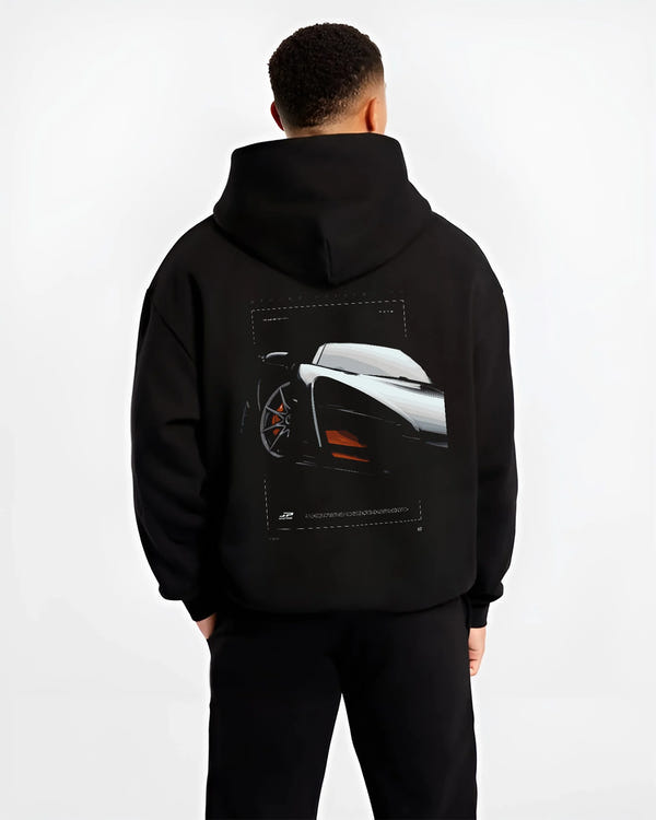 Black hoodie worn by a male model, back view, featuring McLaren F1 rs racing street retro speed enthusiast graphic.