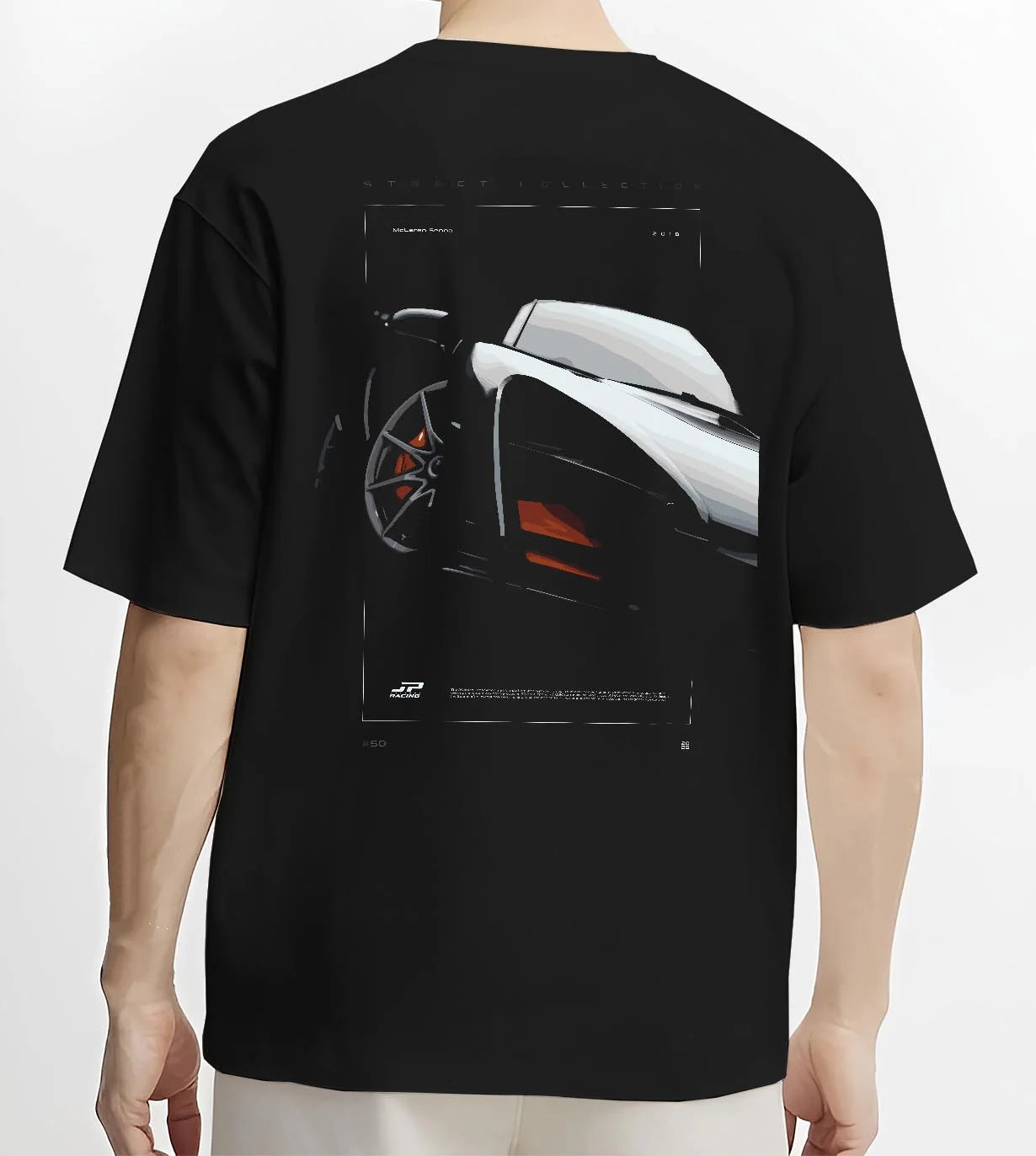 Black T-shirt worn by a male model, back view, featuring McLaren F1 rs racing street retro speed enthusiast graphic.