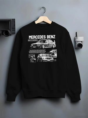 Black crewneck sweatshirt on a hanger against a grey wall, featuring Mercedes-Benz AMG rs racing motorsport street meramg.