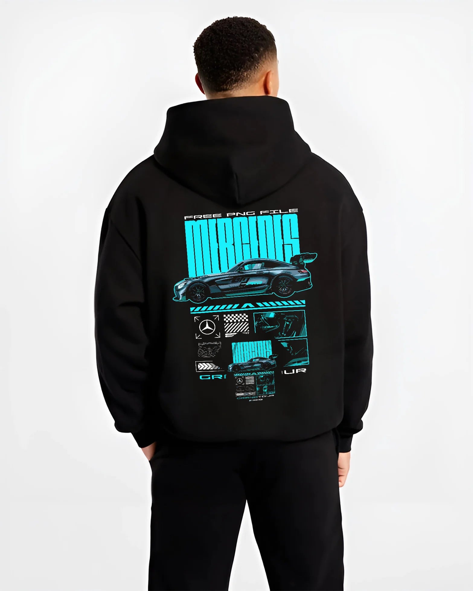 Black hoodie worn by a male model, back view, featuring Mercedes-Benz AMG gt3 rs racing motorsport street performance graphic.