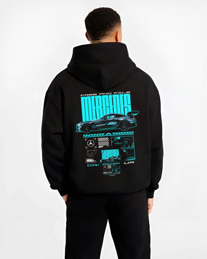 Black hoodie worn by a male model, back view, featuring Mercedes-Benz AMG gt3 rs racing motorsport street performance graphic.