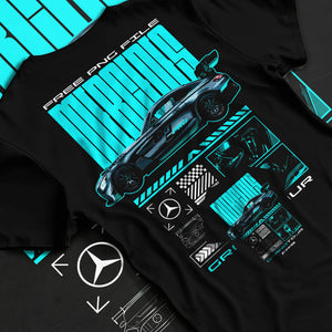 Black T-shirt laid flat with natural fabric folds, featuring Mercedes-Benz AMG gt3 rs racing motorsport street performance graphic.