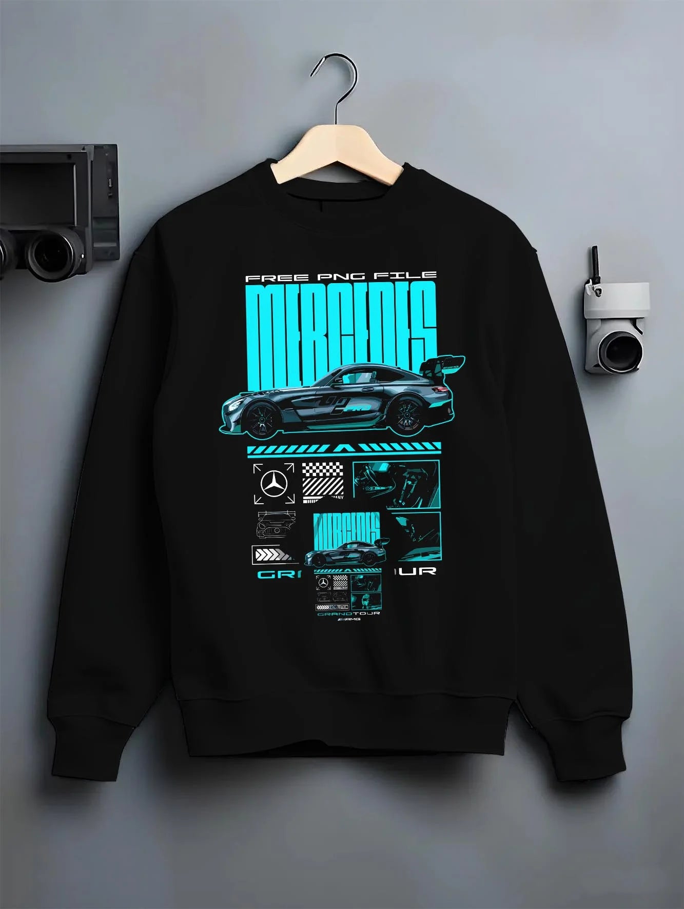 Black crewneck sweatshirt on a hanger against a grey wall, featuring Mercedes-Benz AMG gt3 rs racing motorsport street graphic.