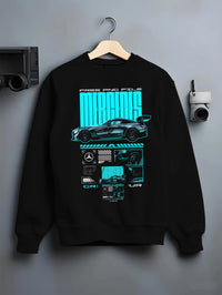 Black crewneck sweatshirt on a hanger against a grey wall, featuring Mercedes-Benz AMG gt3 rs racing motorsport street graphic.