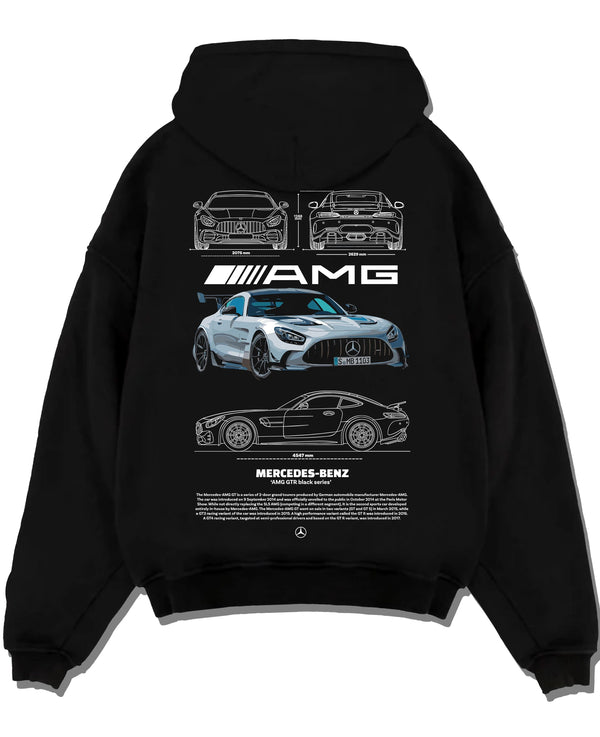 Black pullover hoodie laid flat on a white background, featuring Mercedes-Benz AMG rs racing motorsport street performance merc9.