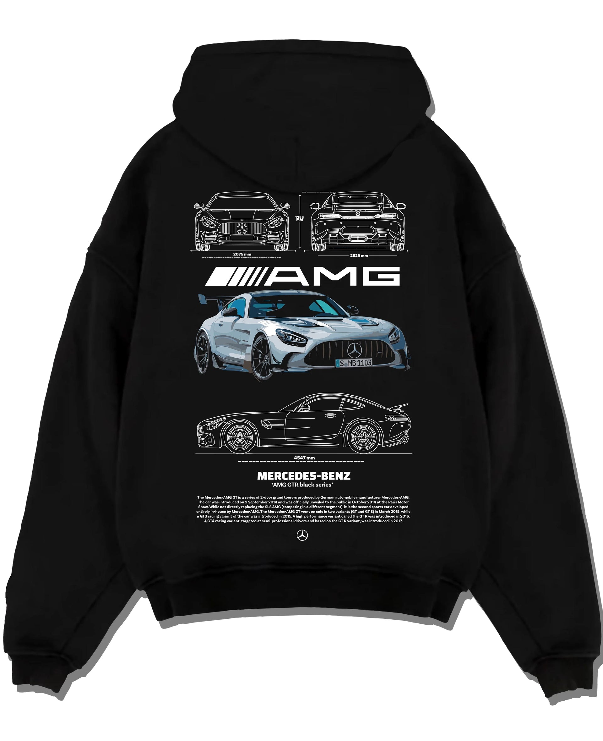 Black pullover hoodie laid flat on a white background, featuring Mercedes-Benz AMG rs racing motorsport street performance merc9.