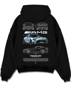 Black pullover hoodie laid flat on a white background, featuring Mercedes-Benz AMG rs racing motorsport street performance merc9.